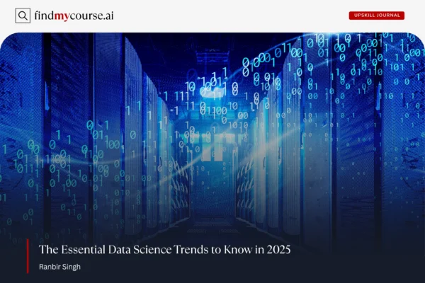 Data center with binary code overlay representing data science trends – Findmycourse.ai