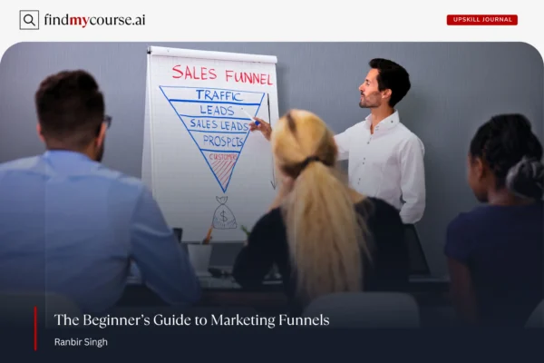 Professional explaining marketing funnel strategy using a visual flowchart — Findmycourse.ai