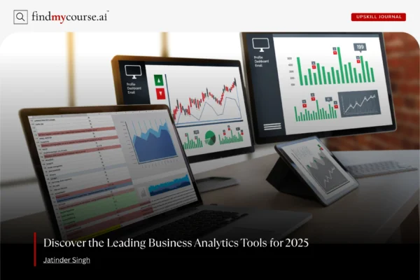 Multiple digital dashboards displaying top business analytics tools – Findmycourse.ai