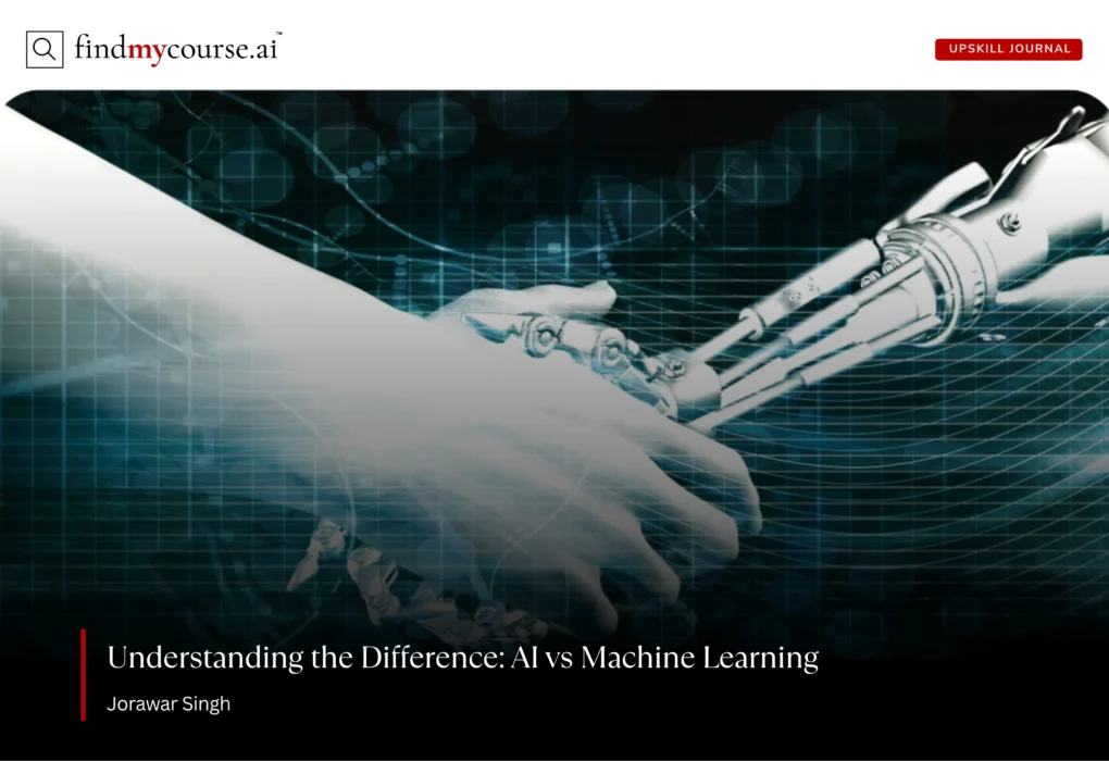 Illustration of human and robot hands representing AI and machine learning – Findmycourse.ai