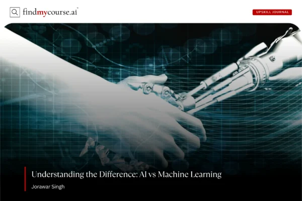 Illustration of human and robot hands representing AI and machine learning – Findmycourse.ai