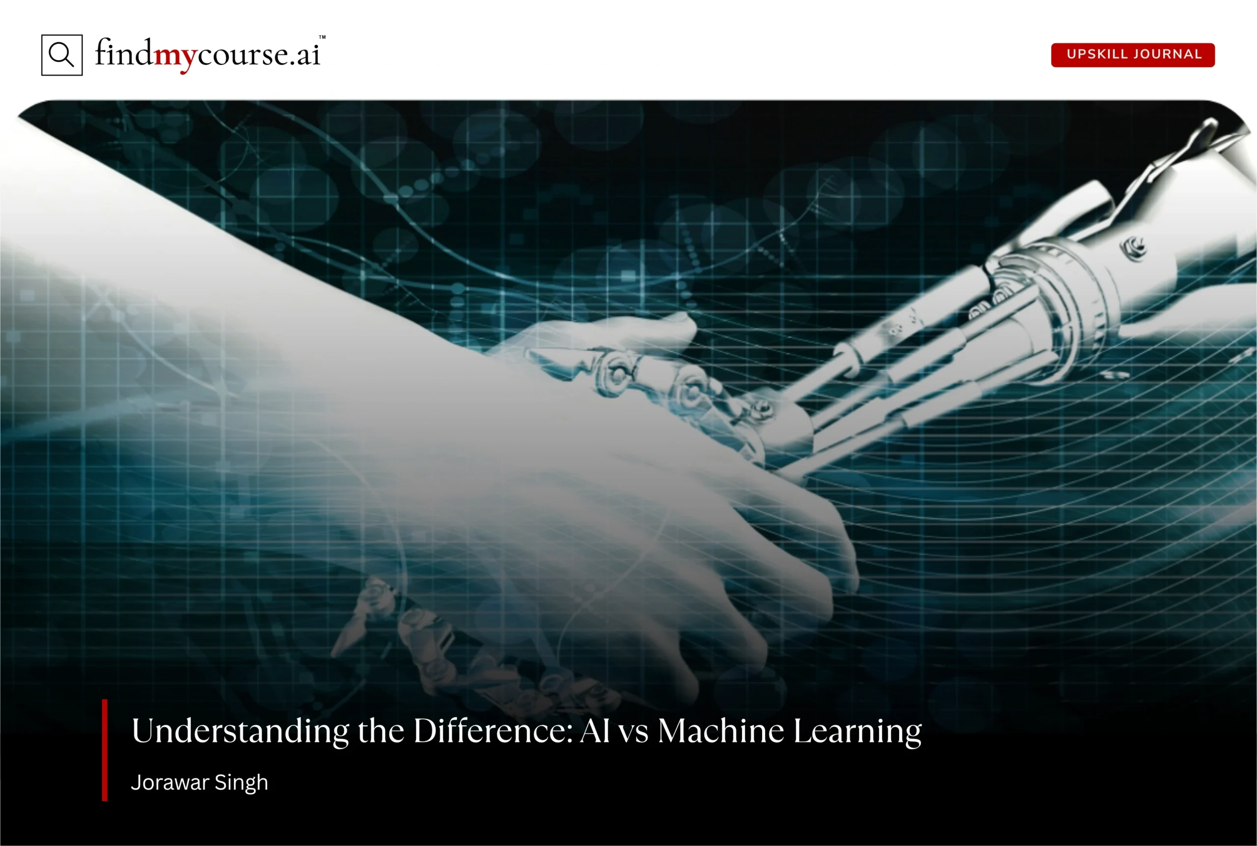 Illustration of human and robot hands representing AI and machine learning – Findmycourse.ai