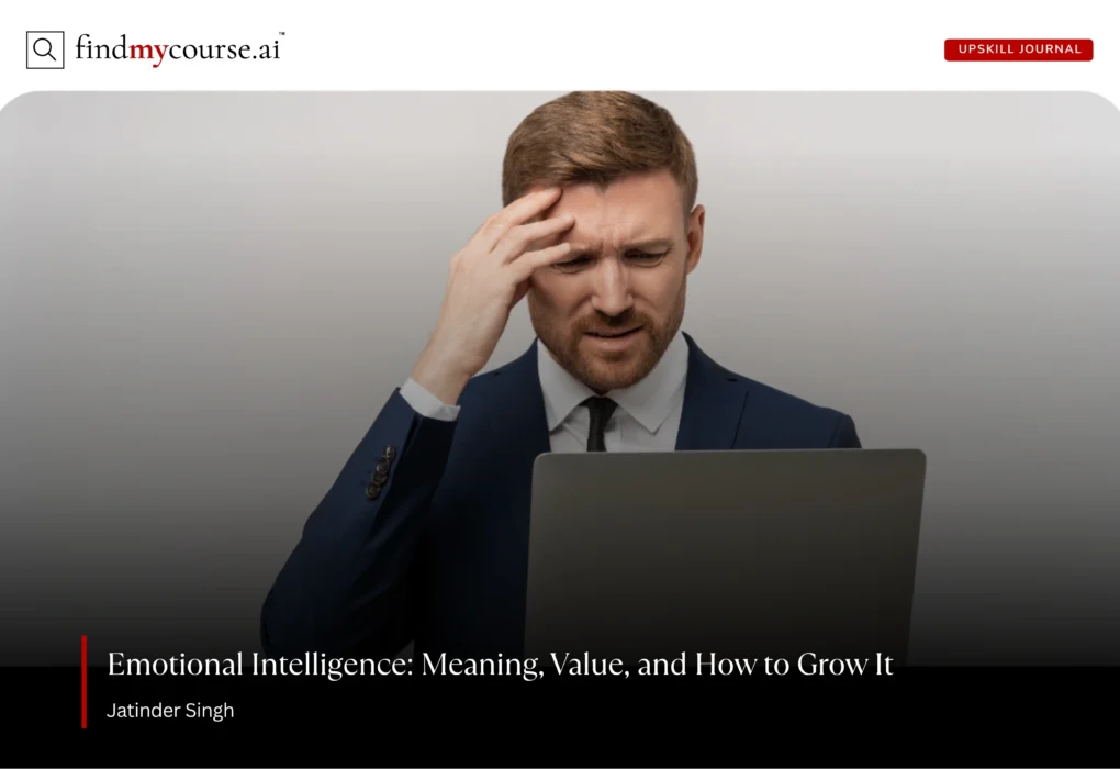 Businessman looking concerned at laptop reflecting the need for emotional intelligence – Findmycourse.ai