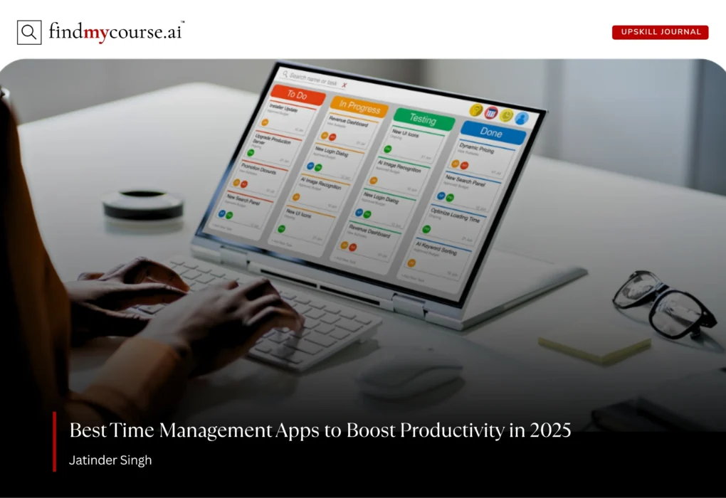 Top Time Management Apps to Boost Your Productivity in 2025 Workspace with a laptop featuring time management apps interface – Findmycourse.ai