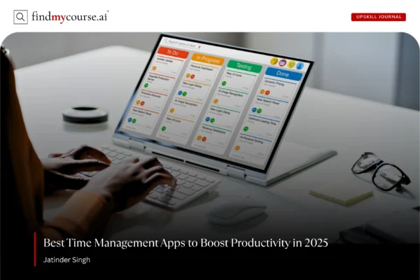 Workspace with a laptop featuring time management apps interface – Findmycourse.ai