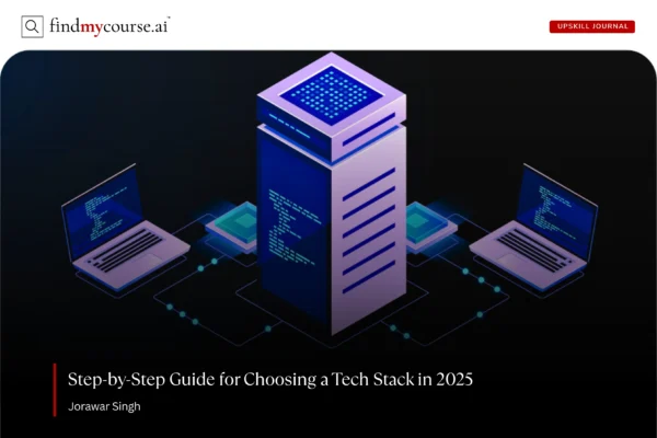 Modern graphic of connected laptops and server, highlighting tech stack guide – Findmycourse.ai