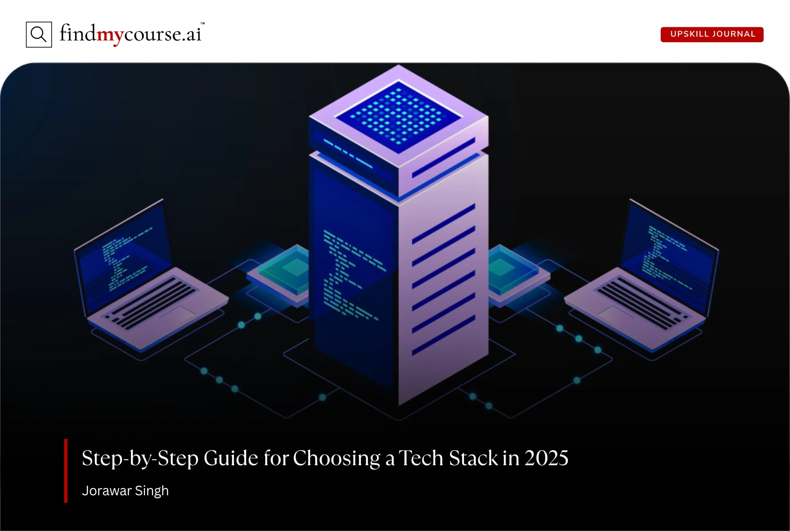 Modern graphic of connected laptops and server, highlighting tech stack guide – Findmycourse.ai