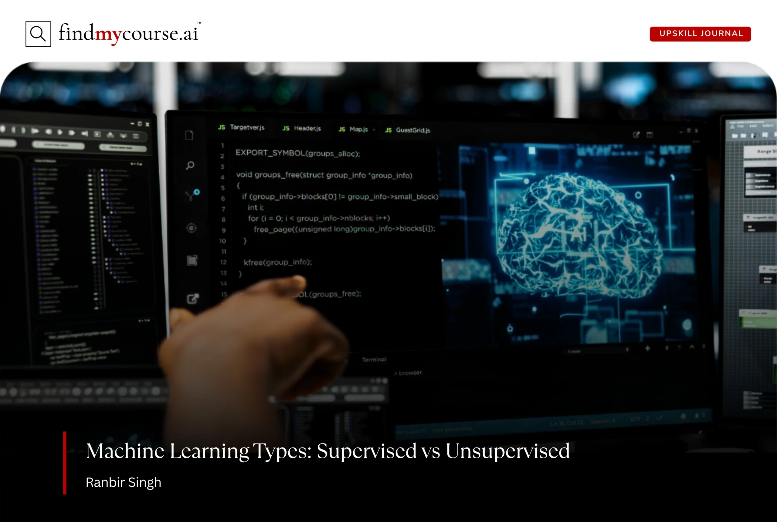 Supervised vs unsupervised learning concept with AI interface and coding screens – Findmycourse.ai