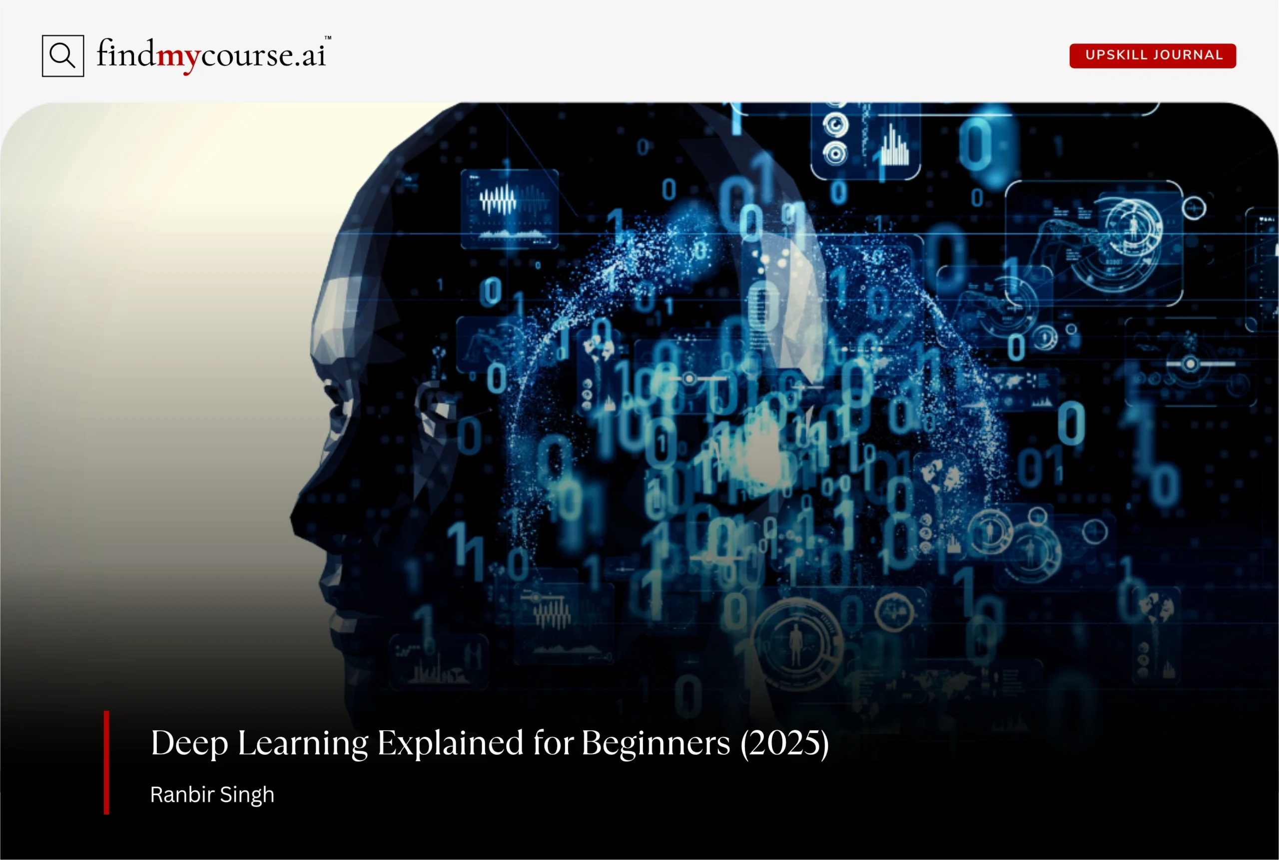 Visual of digital brain structure with binary code, representing deep learning — FindMyCourse.ai.