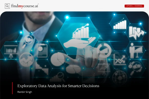 Exploratory Data Analysis visuals with graphs and analytics icons — FindMyCourse.ai.
