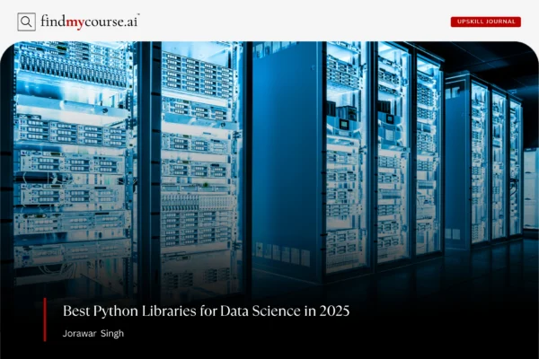 Modern data servers in a room representing Python libraries for data science — FindMyCourse.ai