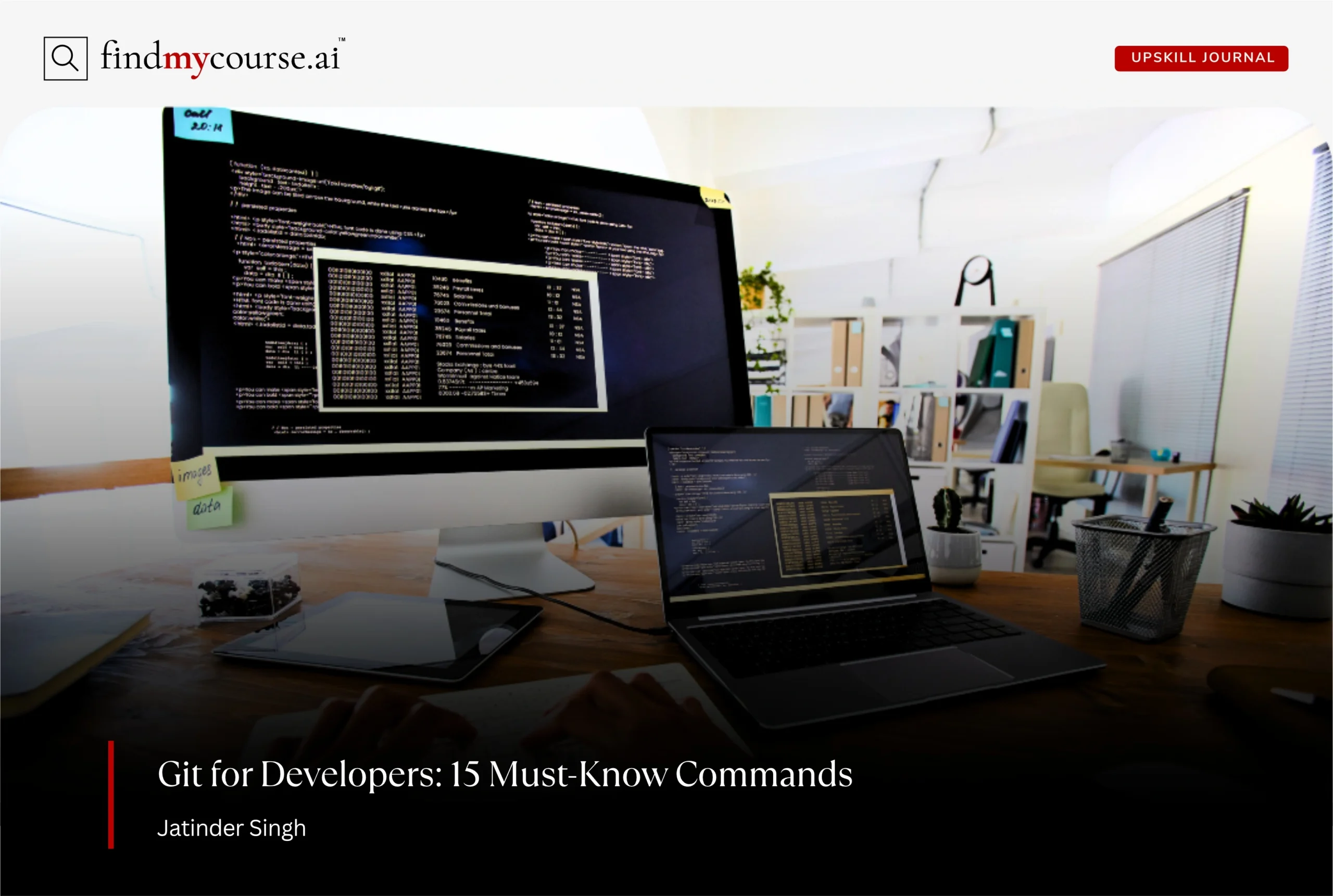 Git commands shown on a desktop and laptop in an office workspace — Findmycourse.ai