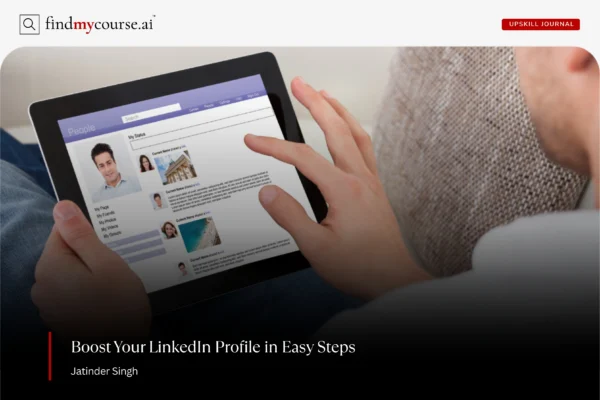 Man browsing a professional profile page on a tablet representing LinkedIn profile — Findmycourse.ai