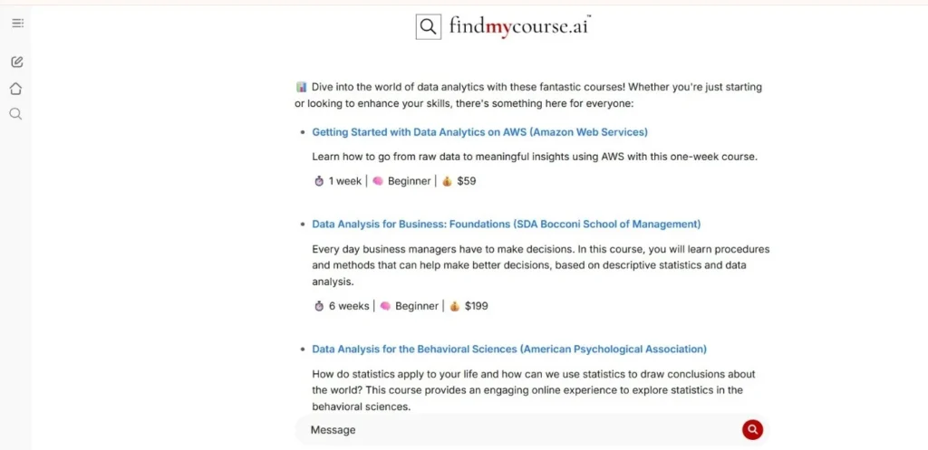 findmycourse.ai chat box showing data analytics courses in response