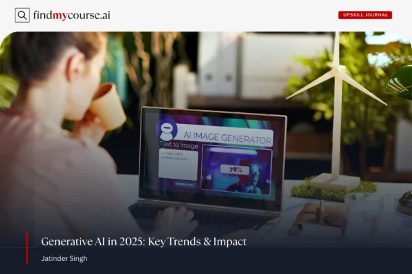 The Rise of Generative AI – Use Cases and Impact Woman exploring generative AI for text-to-image creation on laptop — Findmycourse.ai