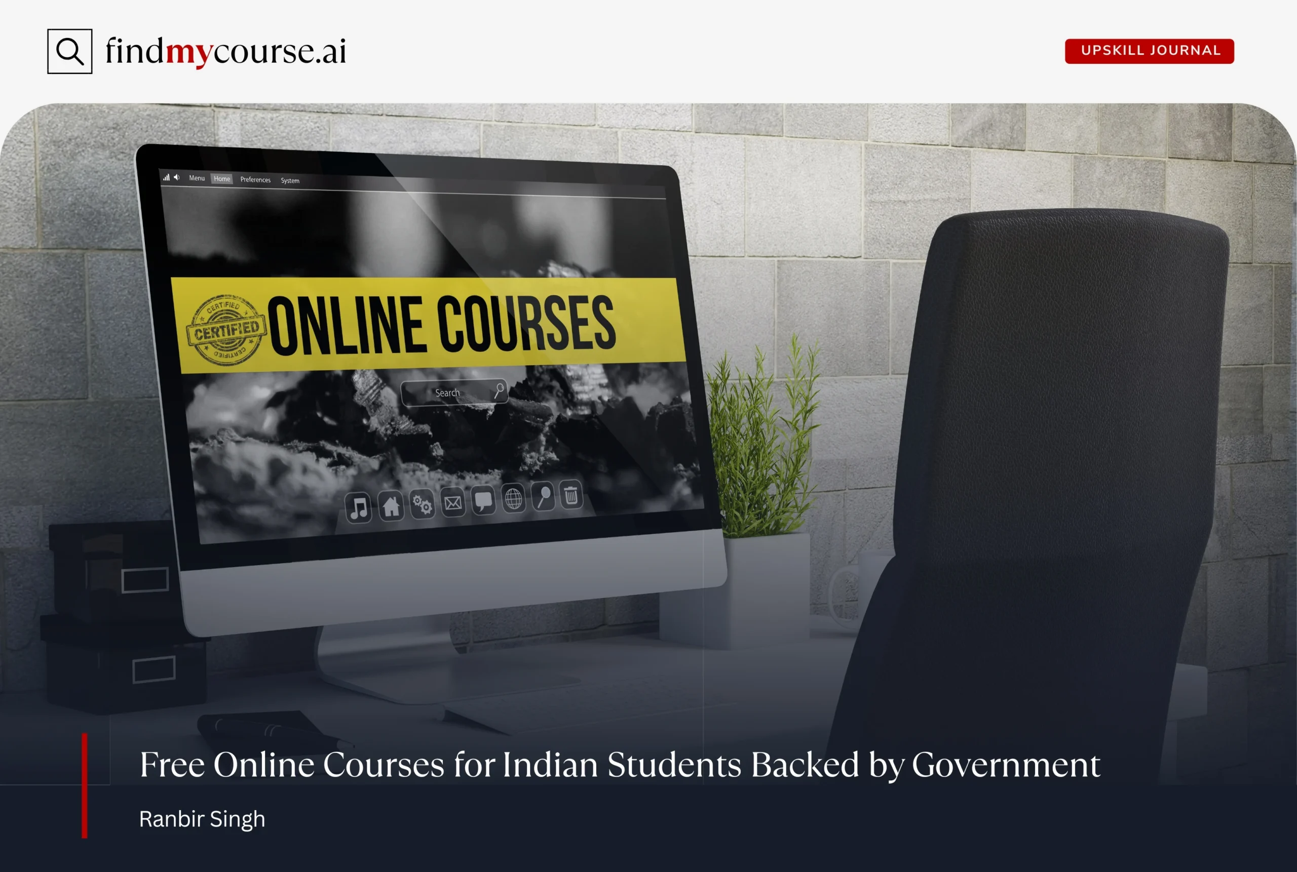 computer screen showing certified Online Courses banner depicting free courses by Indian Govt — Findmycourse.ai