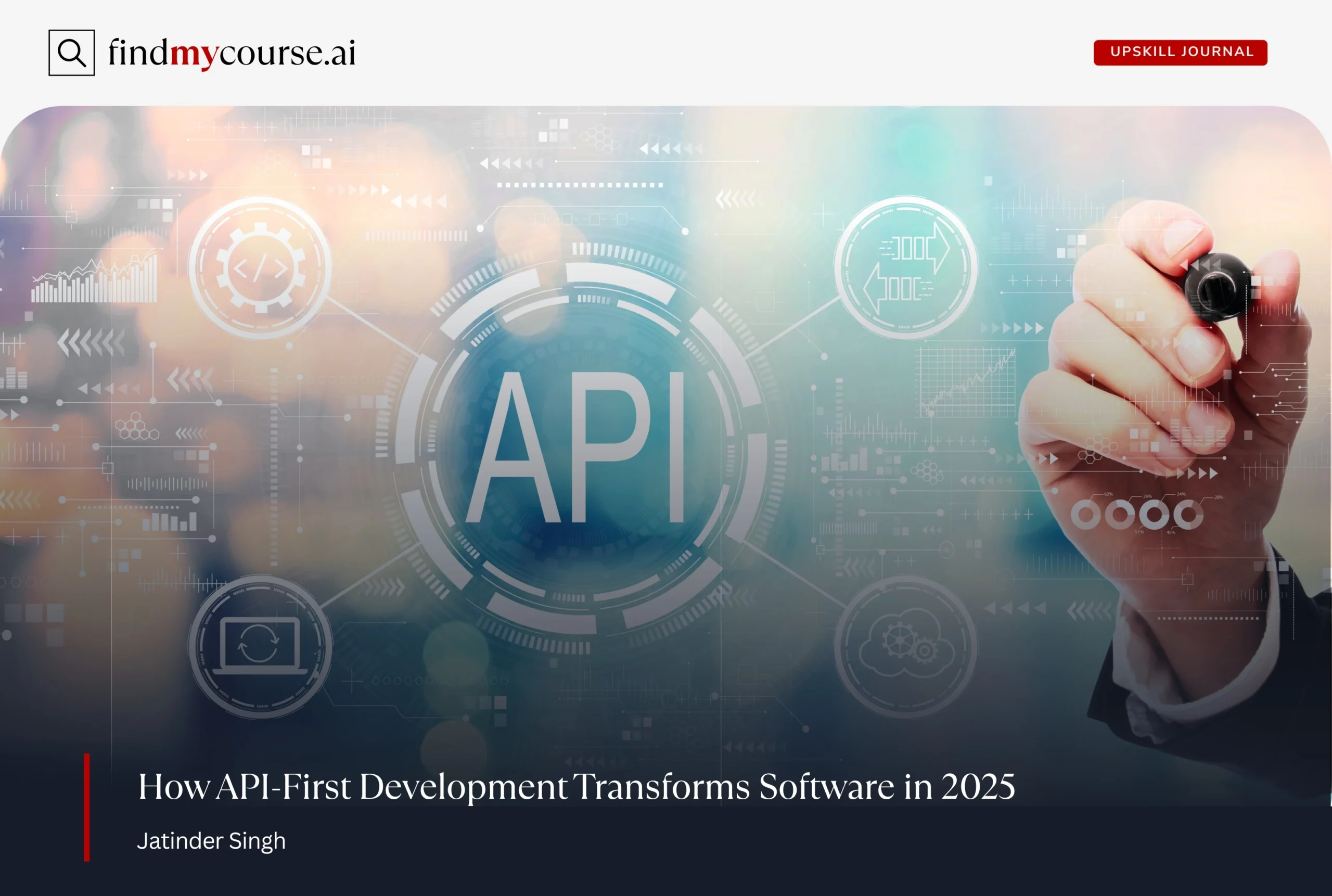 API-First development concept with digital icons and a business hand drawing — Findmycourse.ai