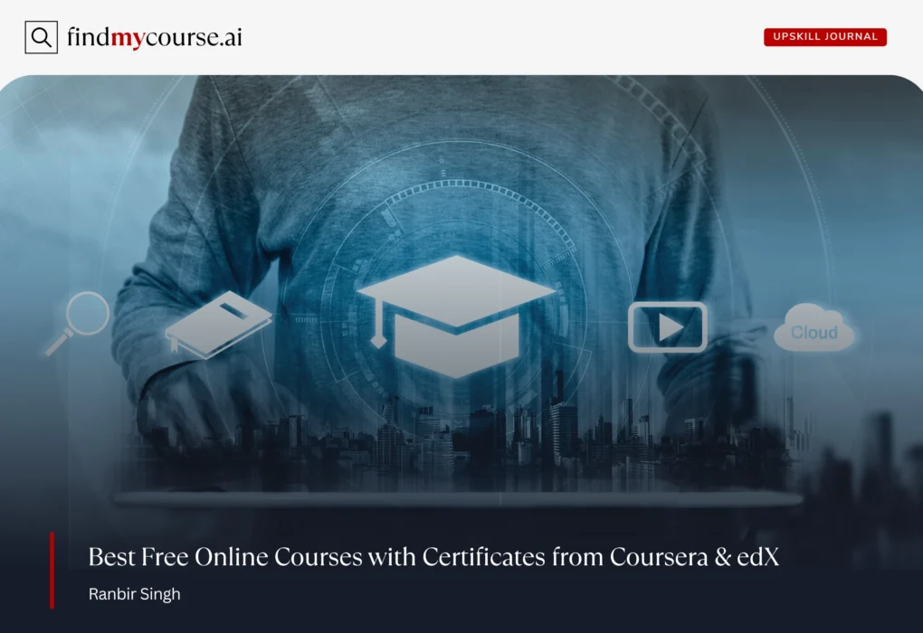 Online learning concept with digital icons showcasing free courses with certificates — Findmycourse.ai