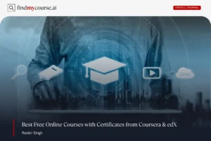 Online learning concept with digital icons showcasing free courses with certificates — Findmycourse.ai