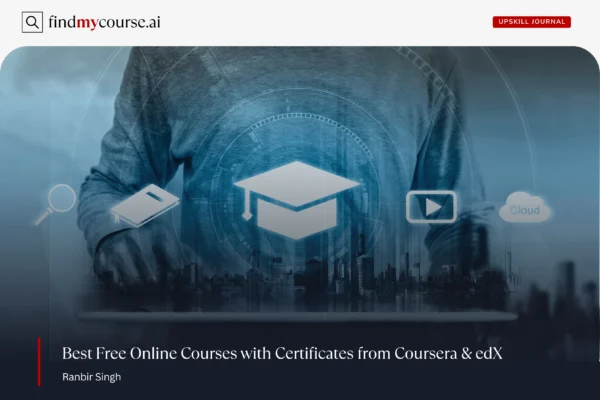 Online learning concept with digital icons showcasing free courses with certificates — Findmycourse.ai