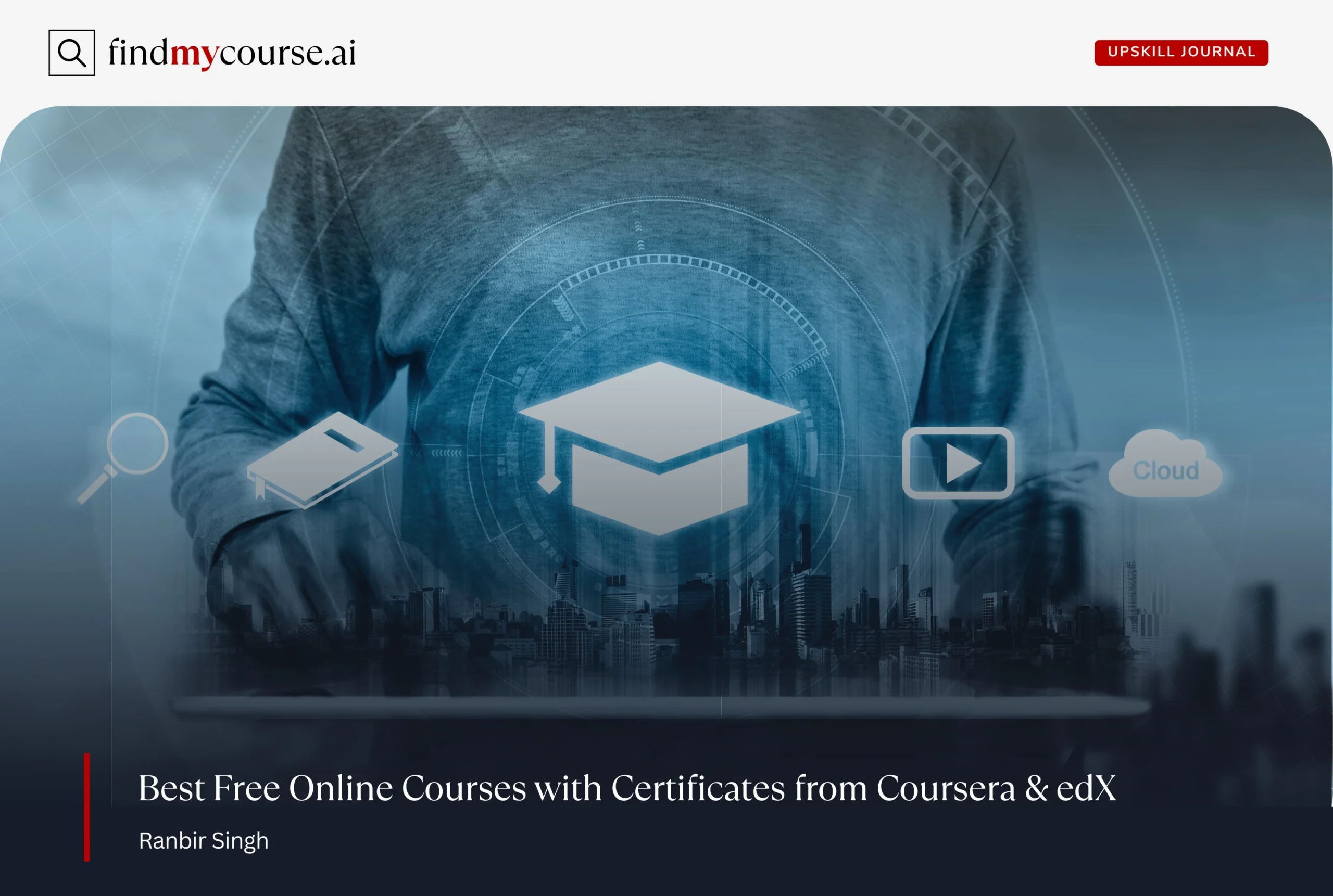 Online learning concept with digital icons showcasing free courses with certificates — Findmycourse.ai