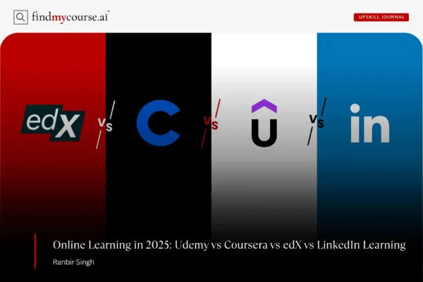 Visual comparing online learning platforms: edX vs Coursera vs Udemy vs LinkedIn — Findmycourse.ai