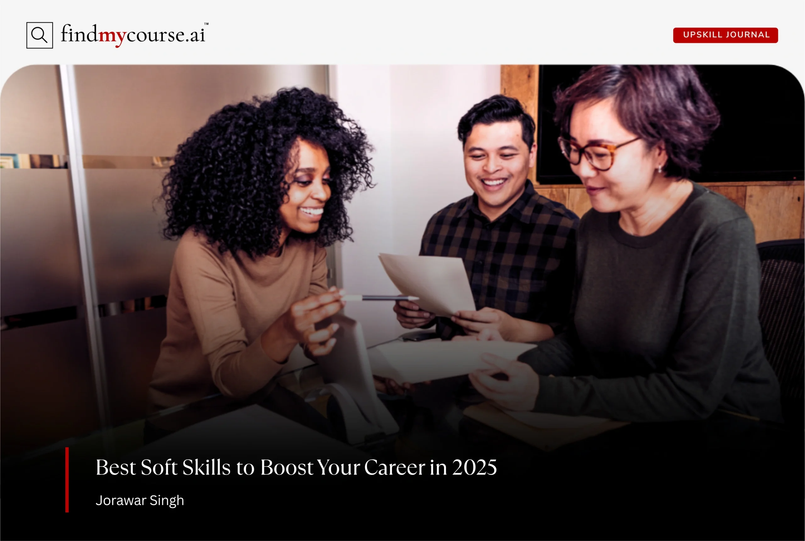 Coworkers smiling and collaborating at work, showcasing essential soft skills — Findmycourse.ai
