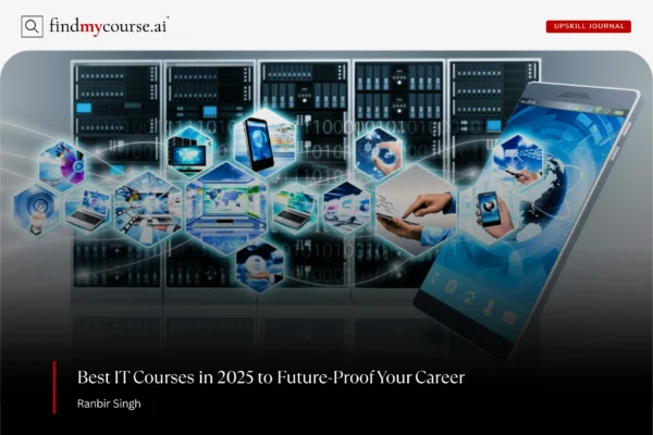 Graphic showing digital devices and servers related to IT courses in 2025 — Findmycourse.ai