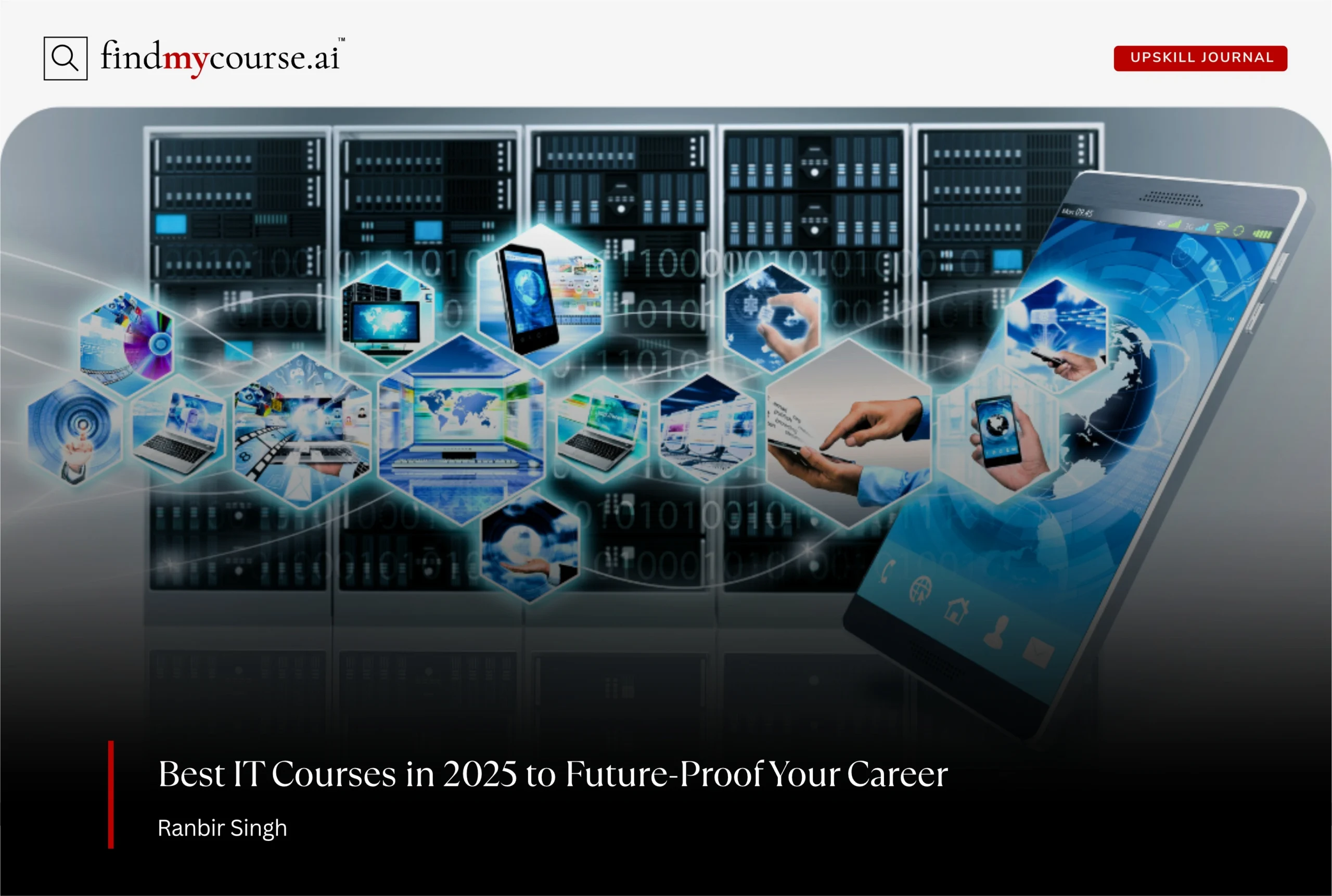 Graphic showing digital devices and servers related to IT courses in 2025 — Findmycourse.ai