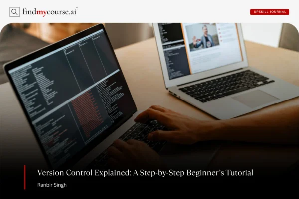 Person using version control system on laptop with online tutorial on second screen — Findmycourse.ai
