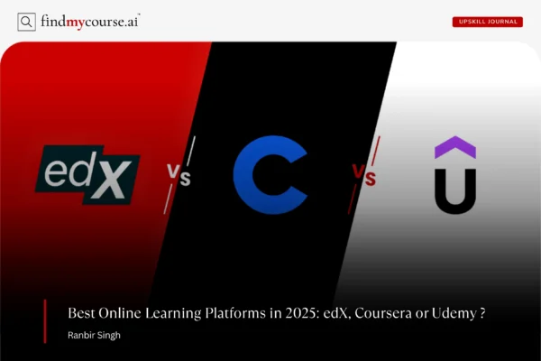 Visual comparing online learning platforms: edX vs Coursera vs Udemy — Findmycourse.ai