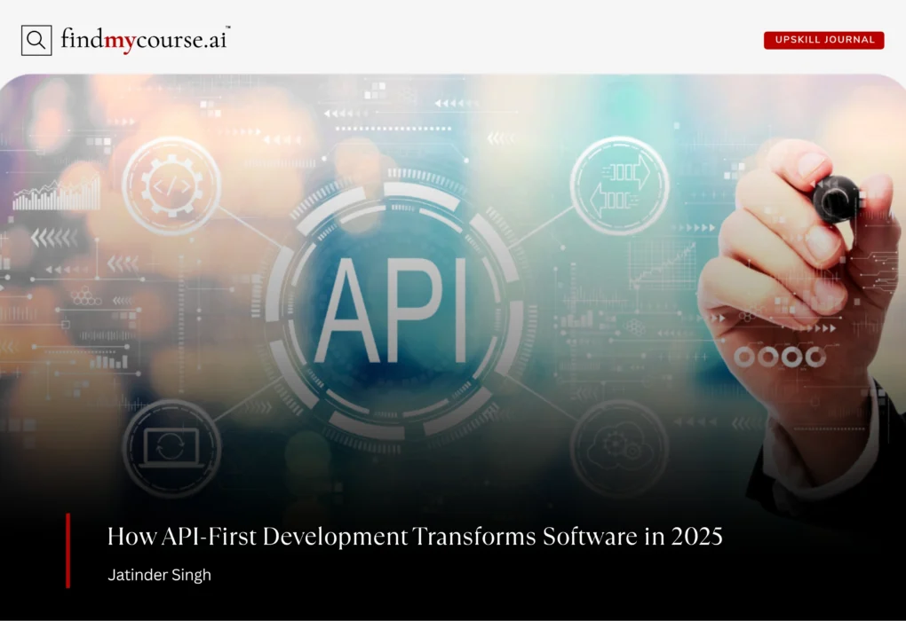 API-First development concept with digital icons and a business hand drawing — Findmycourse.ai