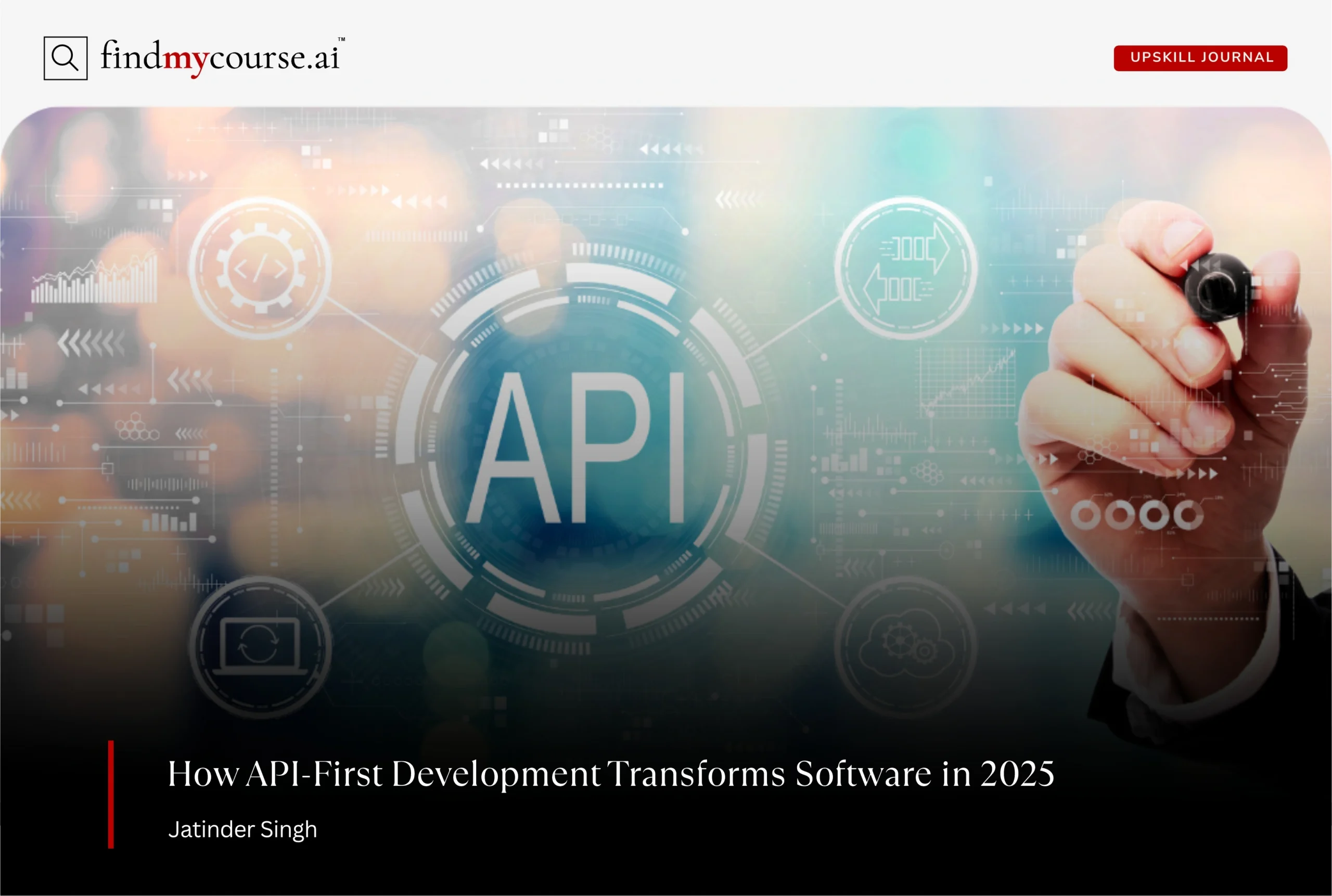 API-First development concept with digital icons and a business hand drawing — Findmycourse.ai
