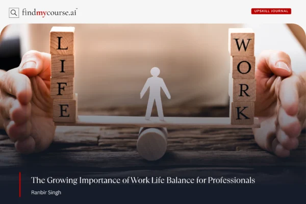 Visual depicting work life balance with blocks, see-saw and human figurine — Findmycourse.ai