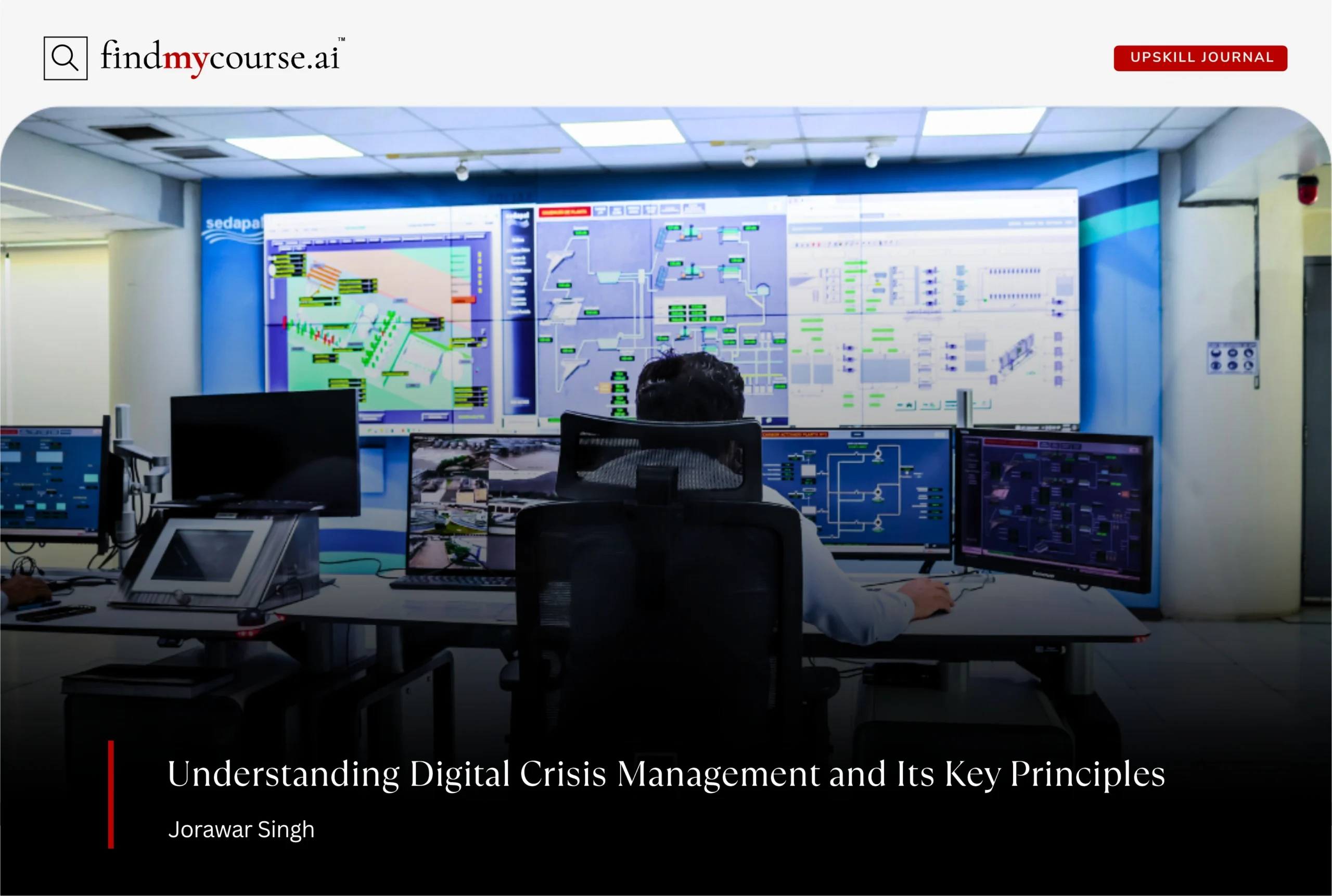 Person in a digital control room in front of screens, illustrating crisis management — Findmycourse.ai