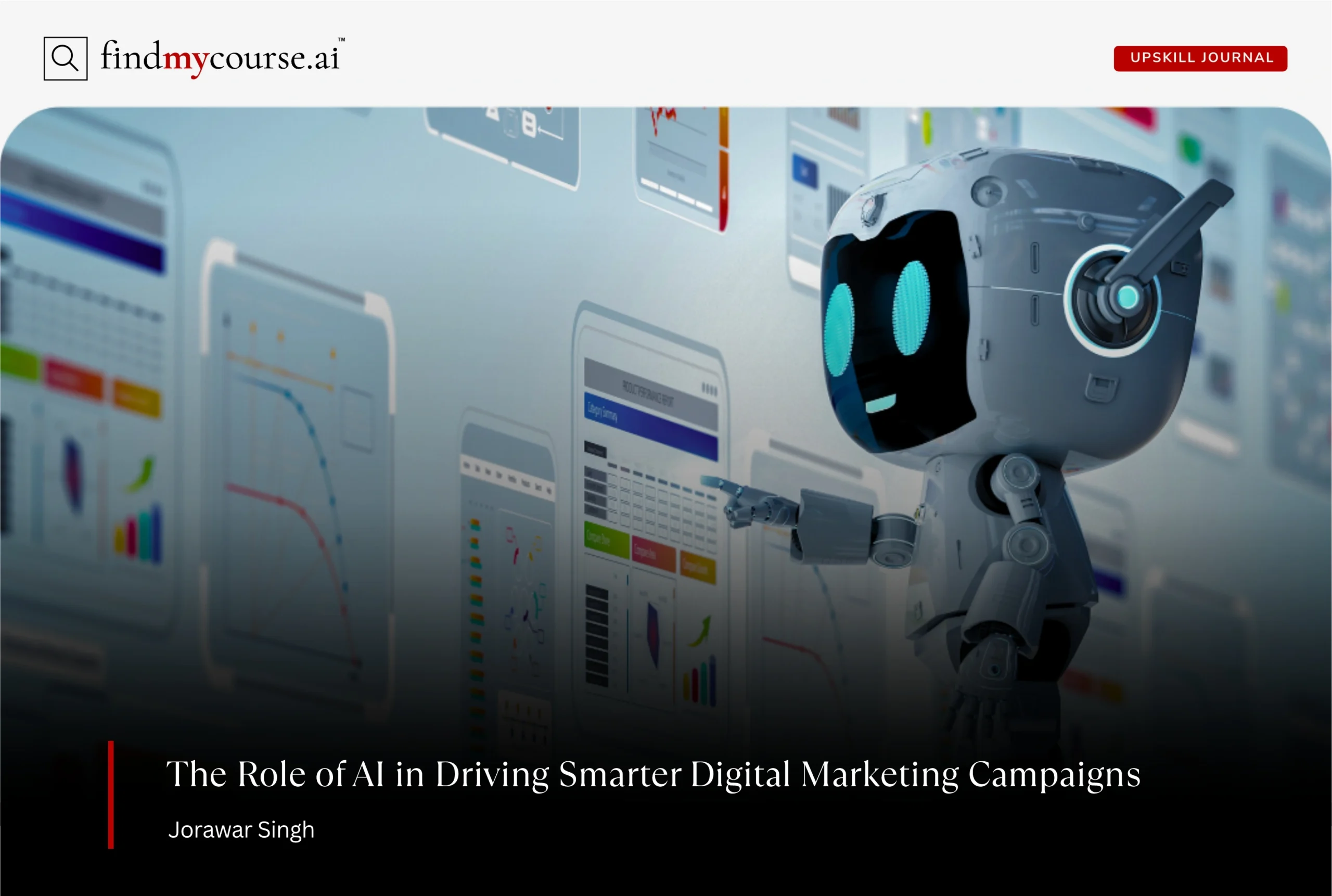 Visual showing a robotic figure interacting with data depicting AI in digital marketing — Findmycourse.ai