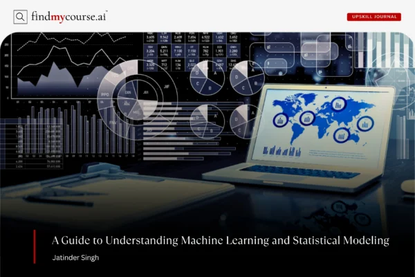 Visual with statistics and laptop depicting machine learning vs statistical modeling — Findmycourse.ai
