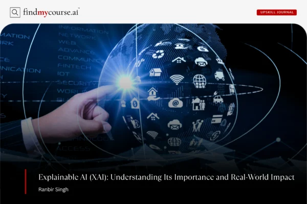 Visual depicting Explainable AI and its importance with hand and symbols — Findmycourse.ai
