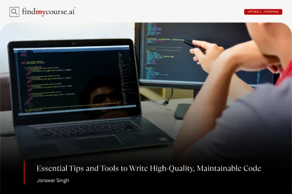 Developer checking the code quality on laptop and computer screen — Findmycourse.ai
