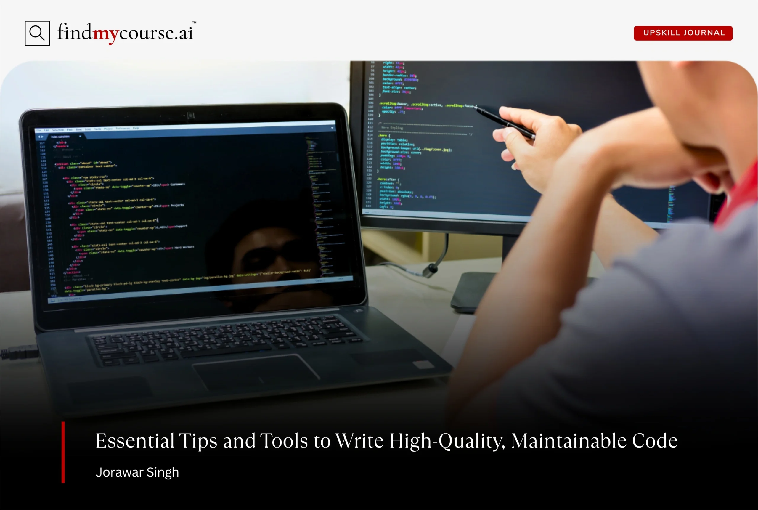 Developer checking the code quality on laptop and computer screen — Findmycourse.ai