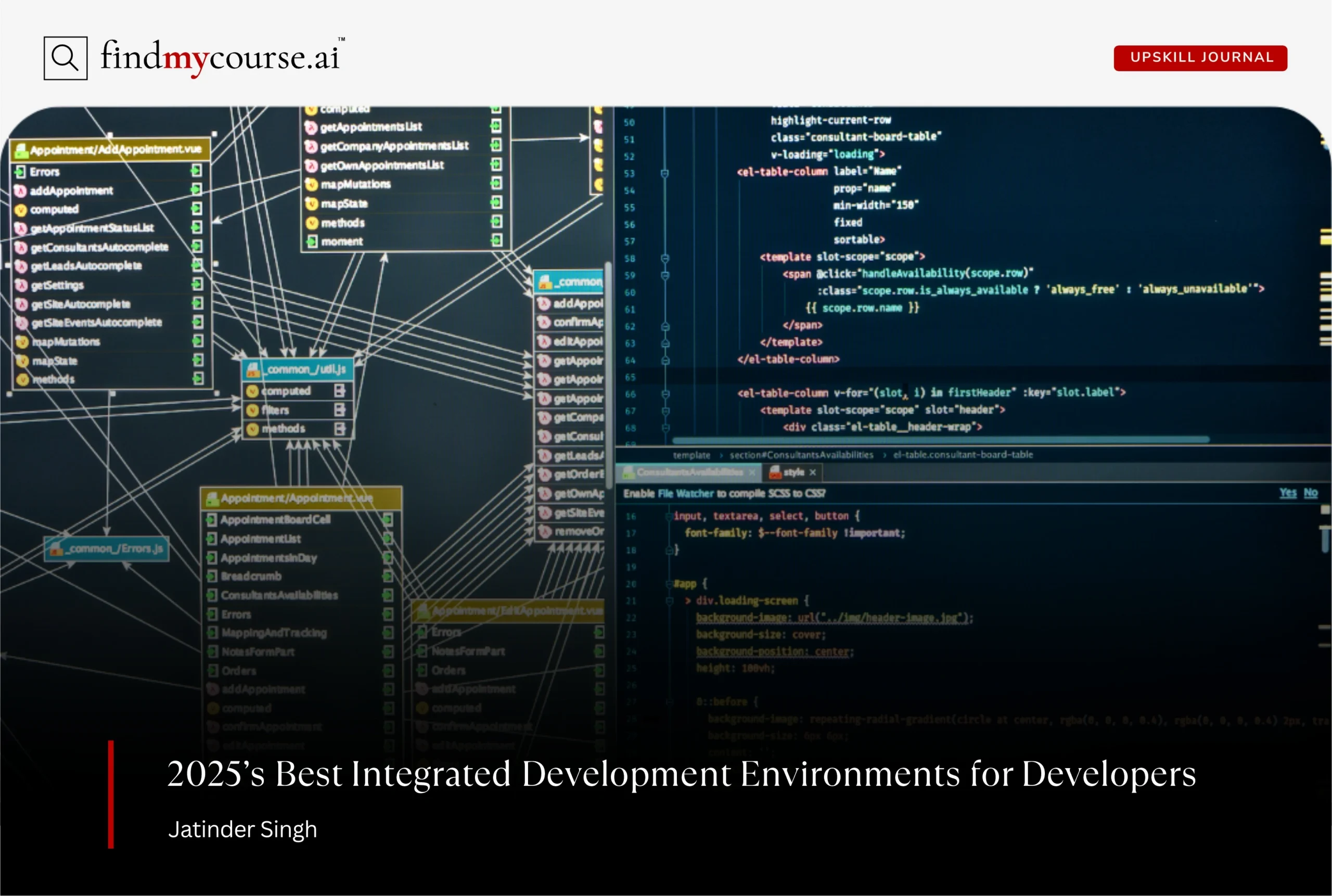 Visual of a software developer's integrated development environment — Findmycourse.ai