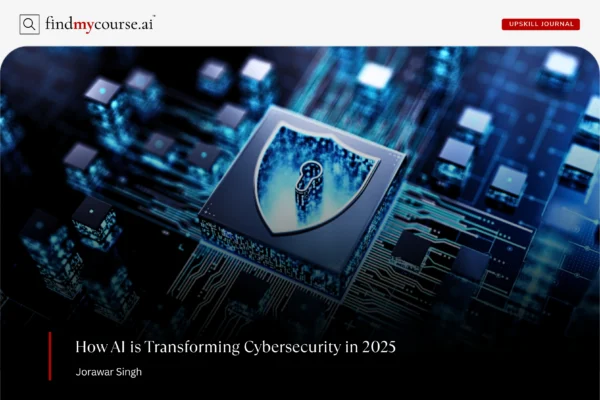 A digital shield protecting a computer circuit, representing AI cybersecurity — Findmycourse.ai