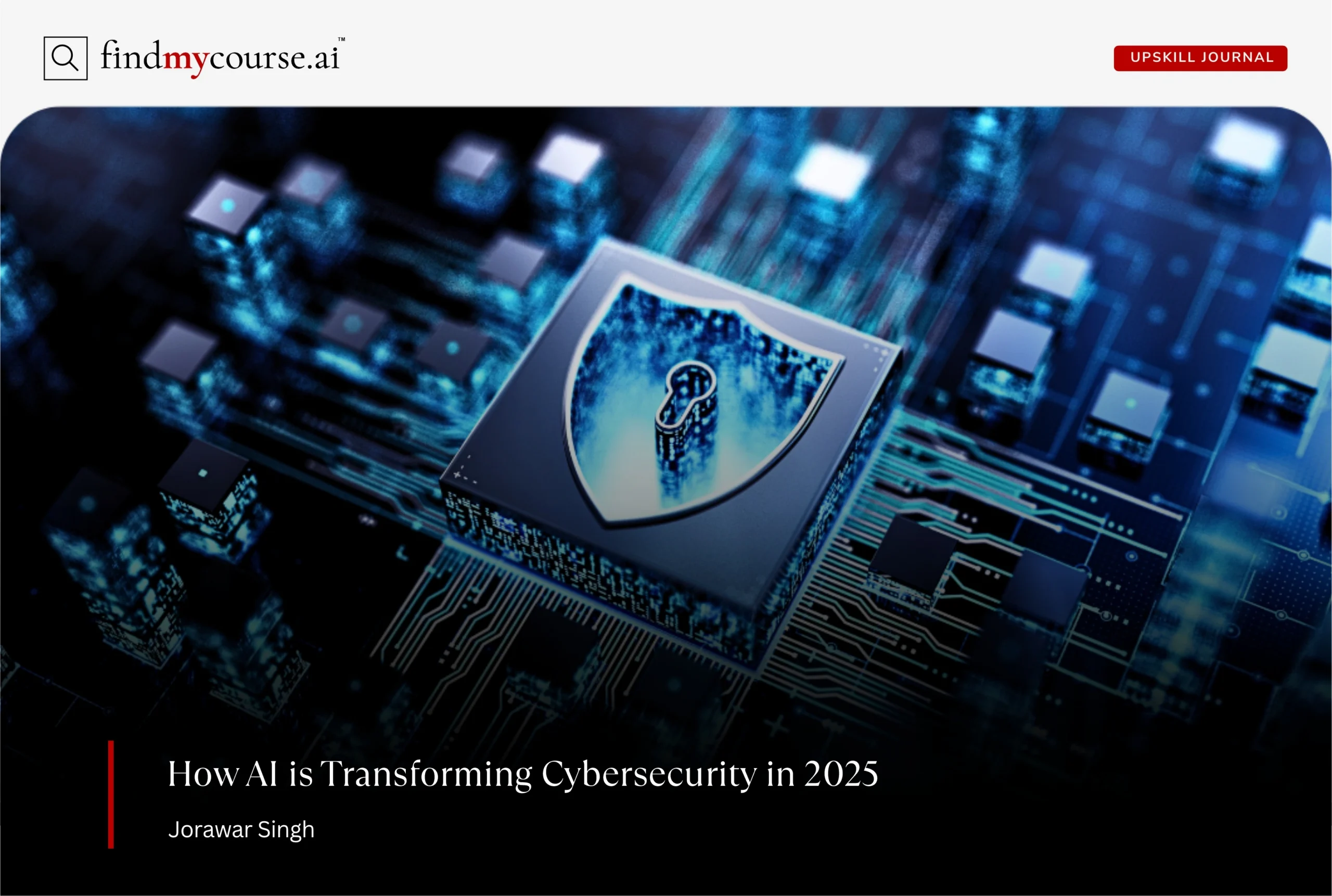 A digital shield protecting a computer circuit, representing AI cybersecurity — Findmycourse.ai