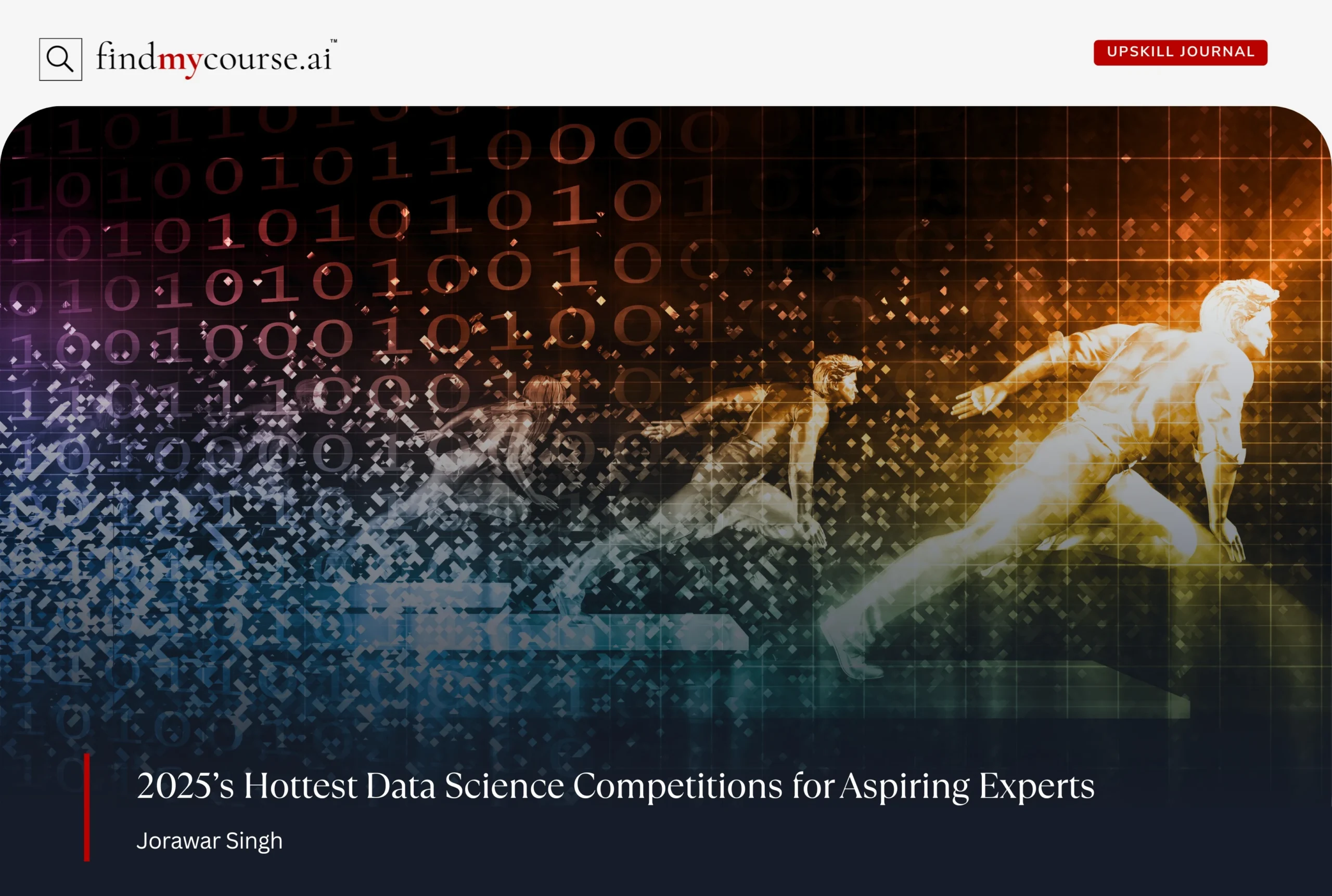 Digital visual of binary data with runners representing data science competitions — Findmycourse.ai