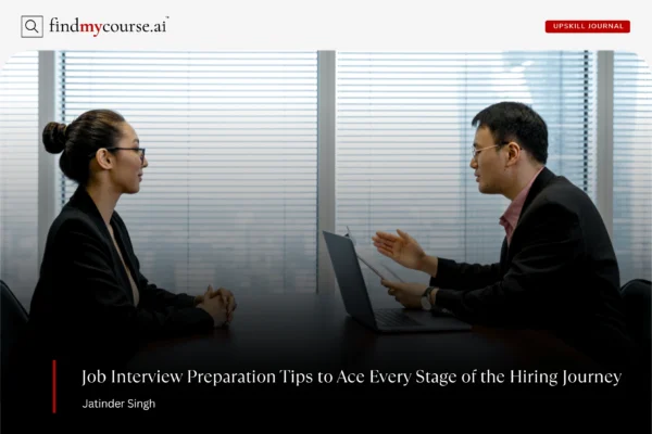 Visual of a face to face interview depicting job interview preparation guide — Findmycourse.ai