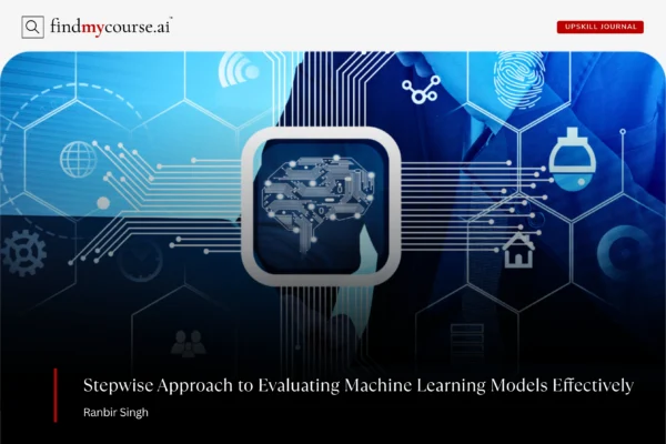 Digital visual with AI symbols depicting evaluation of machine learning models — Findmycourse.ai