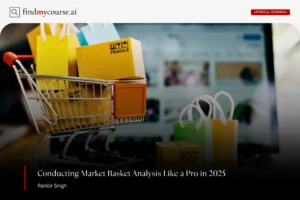 Visual of a shopping basket with laptop in back representing market basket analysis — Findmycourse.ai