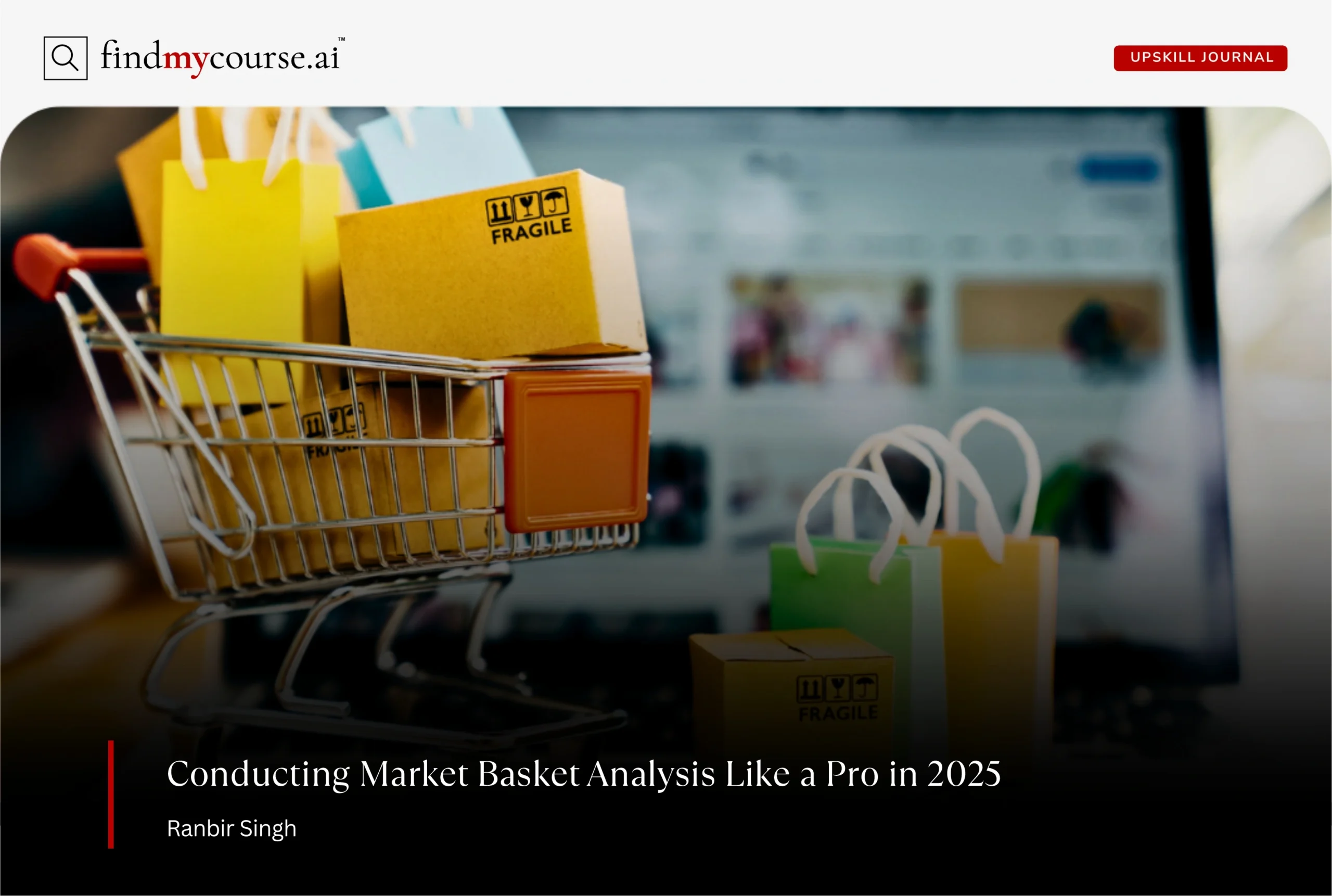 Visual of a shopping basket with laptop in back representing market basket analysis — Findmycourse.ai