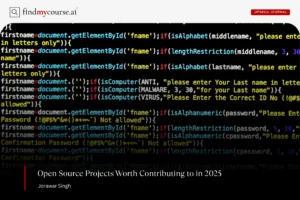 Visual of source code on a black screen highlighting open source projects — Findmycourse.ai