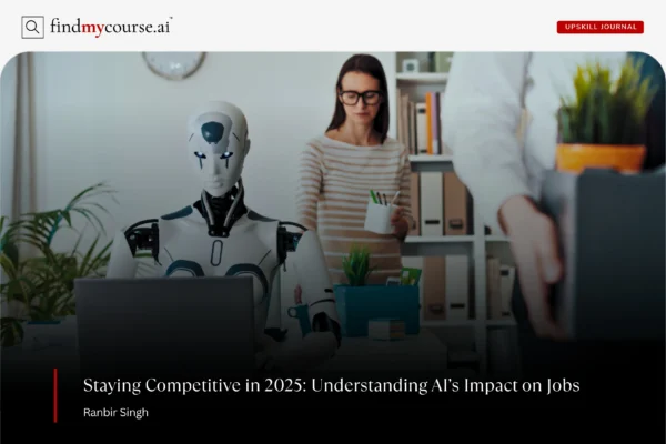 The Impact of AI on Employment and Jobs Visual of robot replacing the human worker in office highlighting AI impact on jobs — Findmycourse.ai